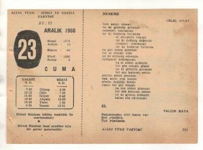 23 Aralık 1960 Ajans Türk Takvim Yaprağı (Şiirli Saatli) EFM(N) 1817 - 3