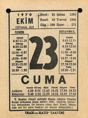 23 Ekim 1970 Takvim Yaprağı - Doğum Günü Hediyesi EFM(N)10553 - 1