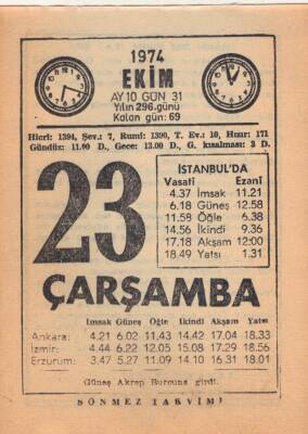 23 Ekim 1974 Takvim Yaprağı EFM(N)2993 - 1