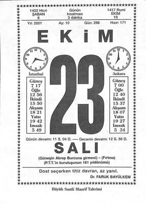 23 Ekim 2001 Takvim Yaprağı - Doğum Günü Hediyesi EFM(N)10490 - 3