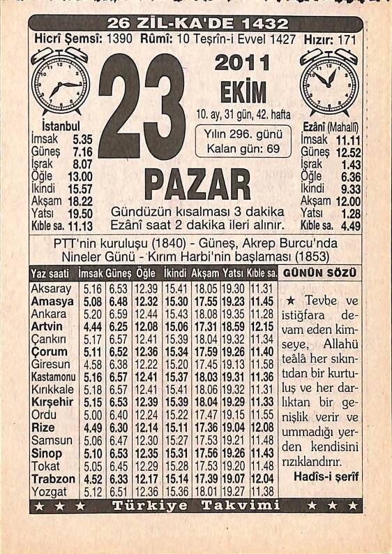 23 Ekim 2011 Takvim Yaprağı - Doğum Günü Hediyesi EFMN15297 - 1