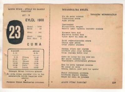 23 Eylül 1960 Ajans Türk Takvim Yaprağı (Şiirli Saatli) EFM(N) 1730 - 2
