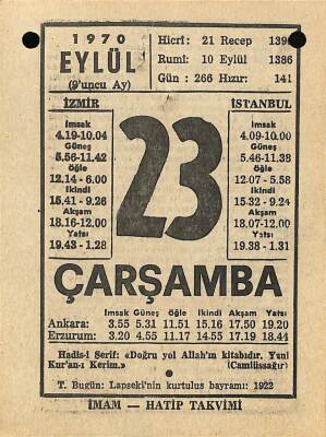23 Eylül 1970 Takvim Yaprağı - Doğum Günü Hediyesi EFM(N)9899 - 2