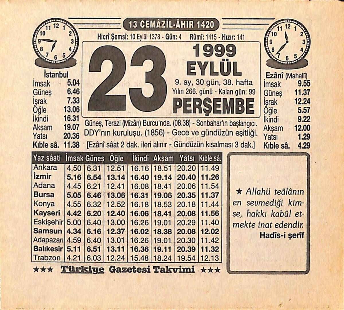 23 Eylül 1999 Takvim Yaprağı - Doğum Günü Hediyesi EFMN15484 - 1