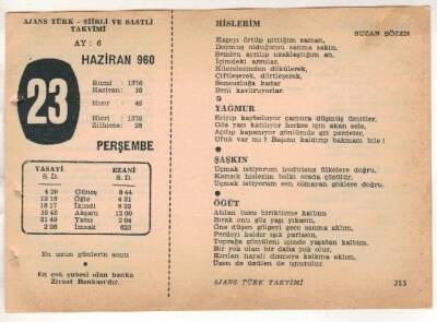 23 Haziran 1960 Ajans Türk Takvim Yaprağı (Şiirli Saatli) EFM(N)1640 - 4