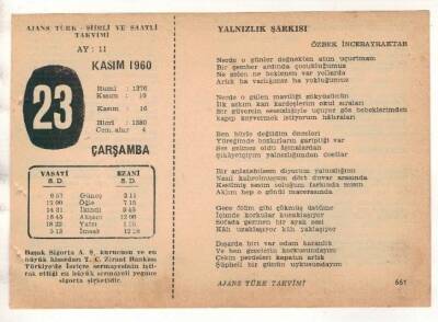 23 Kasım 1960 Ajans Türk Takvim Yaprağı (Şiirli Saatli) EFM(N) 1789 - 2