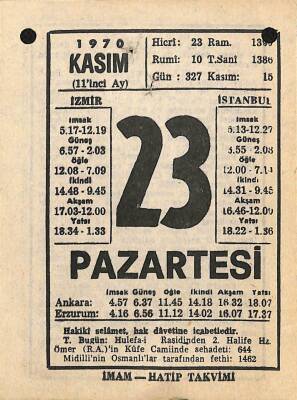 23 Kasım 1970 Takvim Yaprağı - Doğum Günü Hediyesi EFM(N)10755 - 2