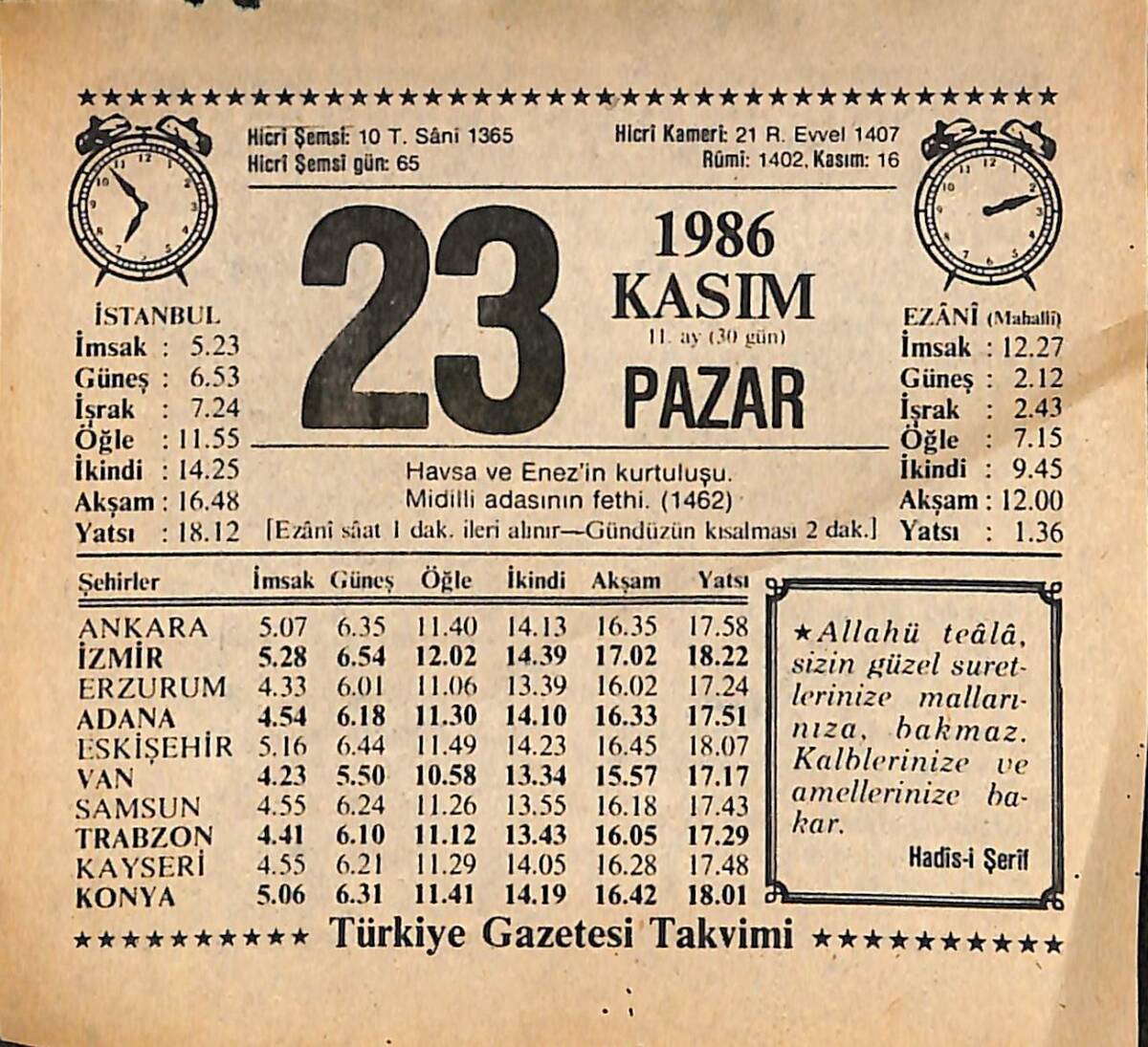 23 Kasım 1986 Takvim Yaprağı - Doğum Günü Hediyesi EFMN14879 - 1
