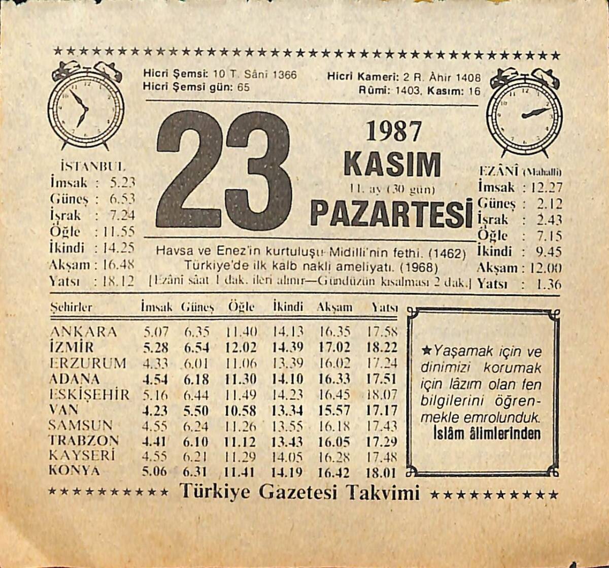 23 Kasım 1987 Takvim Yaprağı - Doğum Günü Hediyesi EFMN15018 - 1