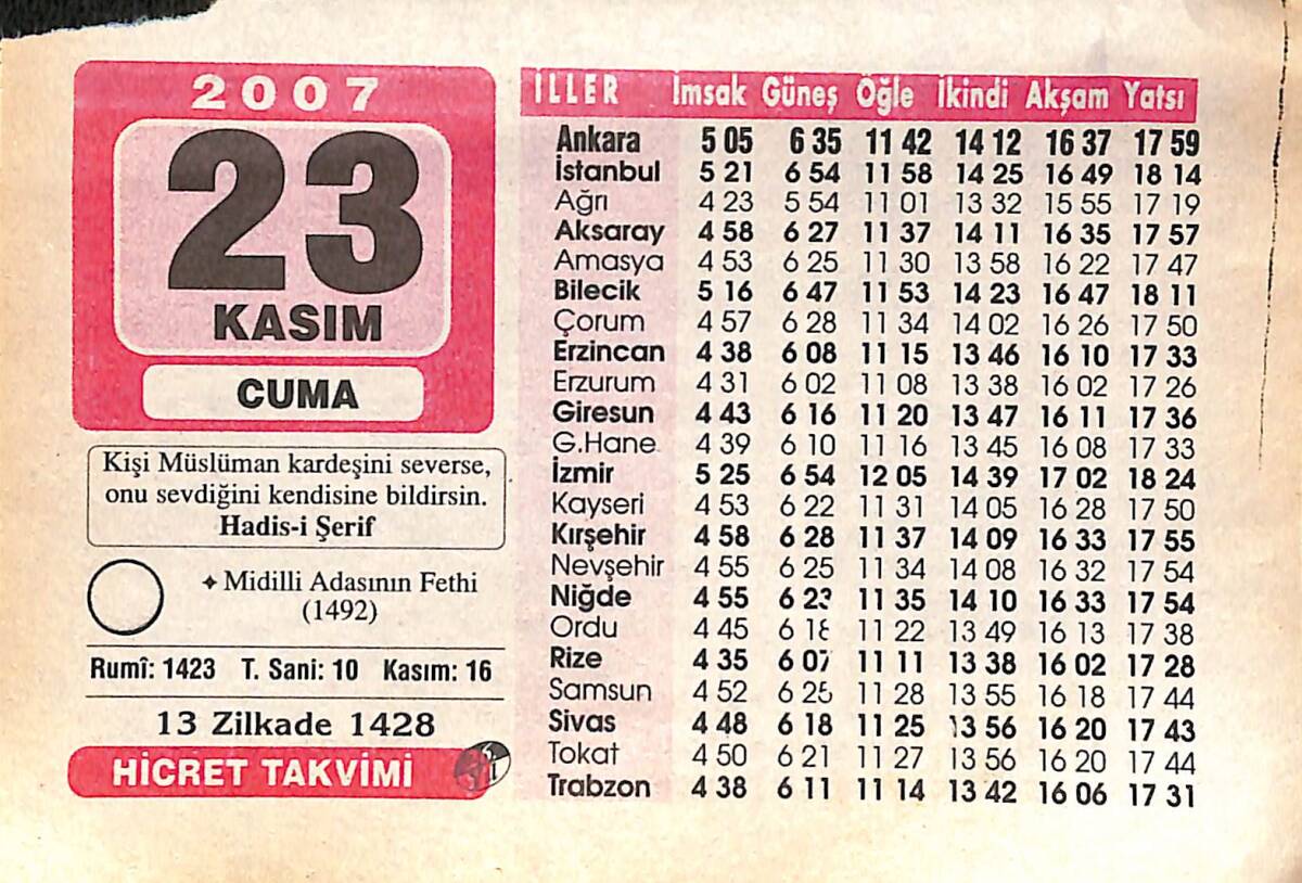 23 Kasım 2007 Takvim Yaprağı - Doğum Günü Hediyesi EFMN15998 - 1