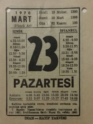 23 Mart 1970 Takvim Yaprağı - Doğum Günü Hediyesi EFM(N)7967 - 1
