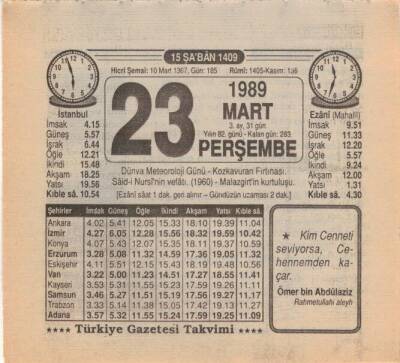 23 Mart 1989 Takvim Yaprağı EFM(N)5871 - 3