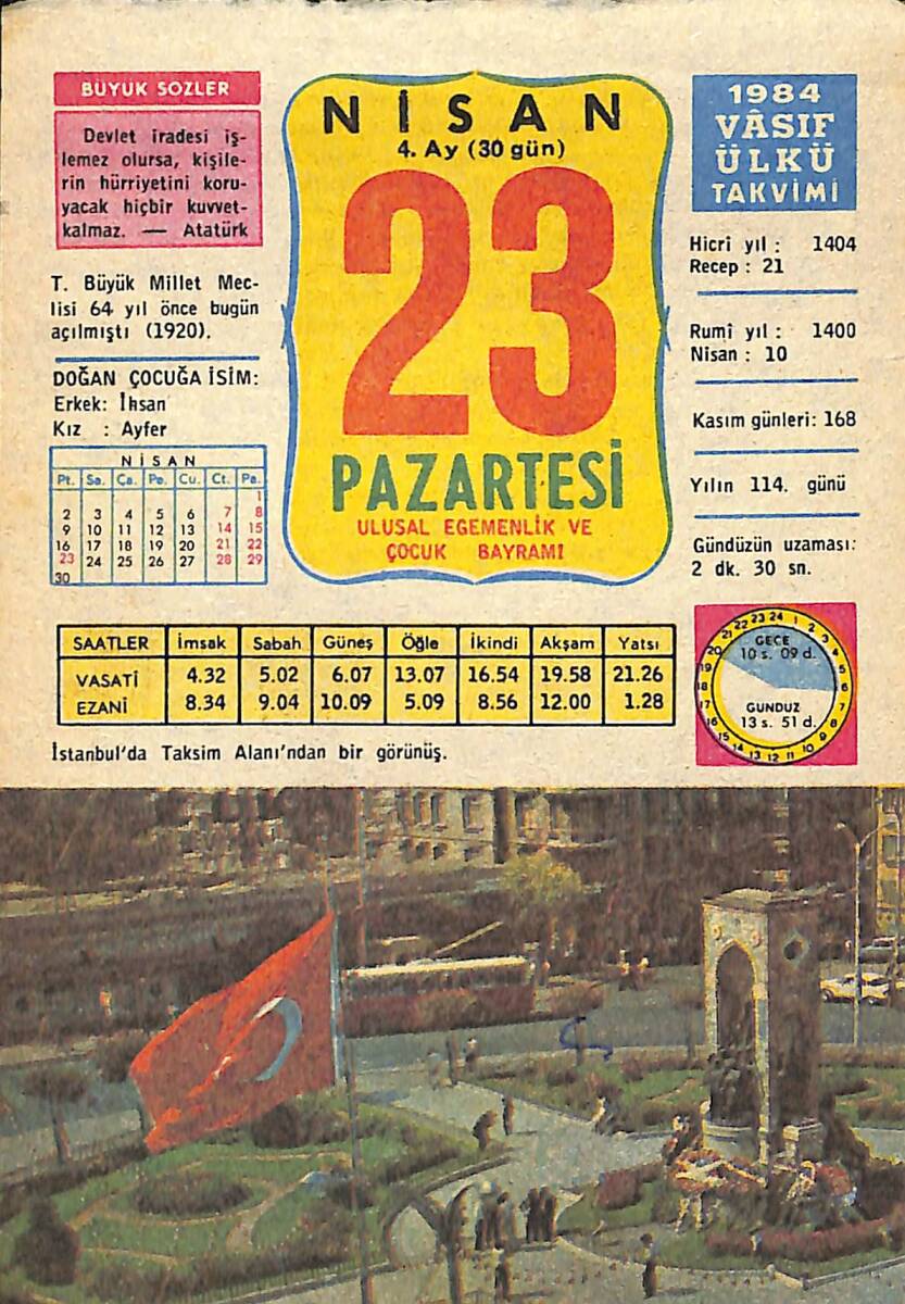 23 Nisan 1984 Takvim Yaprağı - Doğum Günü Hediyesi EFMN15178 - 1