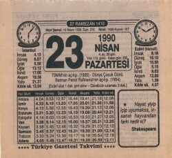 23 Nisan 1990 Takvim Yaprağı EFM(N)6176 - Gökçekoleksiyon