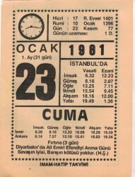 23 Ocak 1981 Takvim Yaprağı EFM(N)4669 - Gökçekoleksiyon