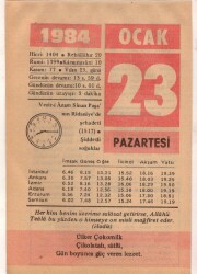 23 Ocak 1984 Takvim Yaprağı EFM(N)4762 - Gökçekoleksiyon