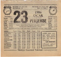 23 Ocak 1986 Takvim Yaprağı EFM(N)5041 - Gökçekoleksiyon