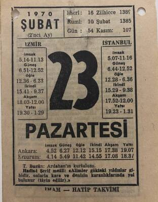 23 Şubat 1970 Takvim Yaprağı - Doğum Günü Hediyesi EFM(N)777 - 1