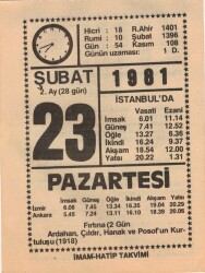 23 Şubat 1981 Takvim Yaprağı EFM(N)5430 - Gökçekoleksiyon