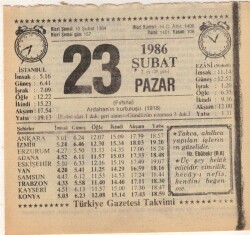 23 Şubat 1986 Takvim Yaprağı EFM(N)5234 - Gökçekoleksiyon