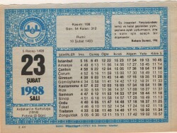 23 Şubat 1988 Takvim Yaprağı EFM(N)5513 - Gökçekoleksiyon