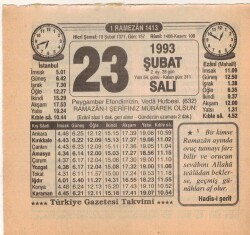 23 Şubat 1993 Takvim Yaprağı EFM(N)5318 - Gökçekoleksiyon