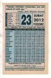 23 Şubat 2012 Takvim Yaprağı EFM(N)1864 - Gökçekoleksiyon