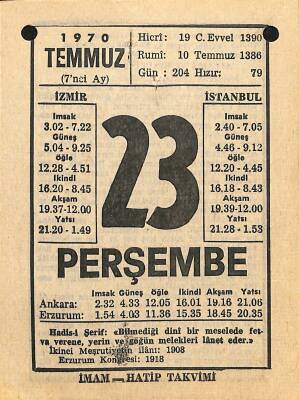 23 Temmuz 1970 Takvim Yaprağı - Doğum Günü Hediyesi EFM(N)12511 - 1