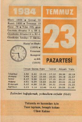 23 Temmuz 1984 Takvim Yaprağı EFM(N)2105 - 2