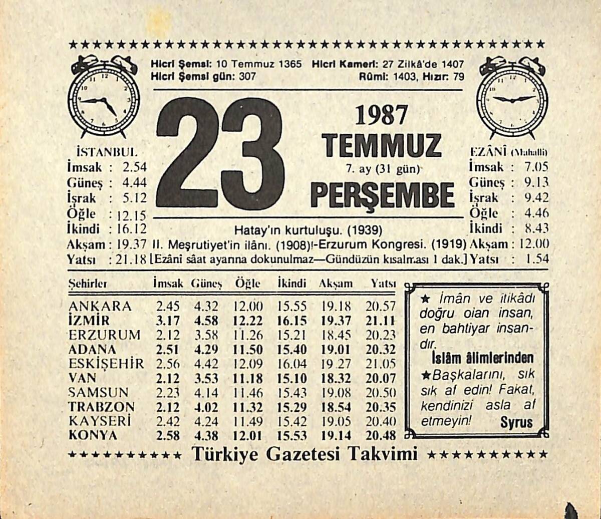 23 Temmuz 1987 Takvim Yaprağı - Doğum Günü Hediyesi EFMN13835 - 1