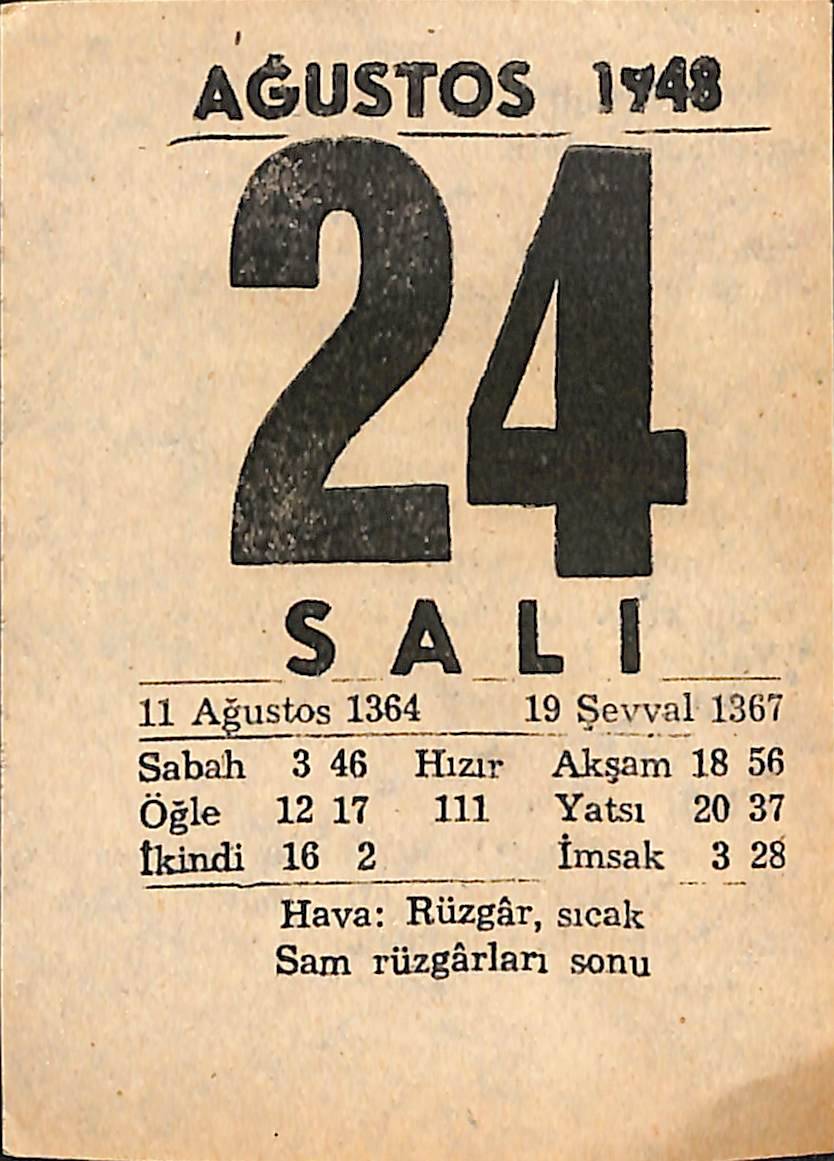 24 Ağustos 1948 Takvim Yaprağı - Doğum Günü Hediyesi EFMN14414 - 1