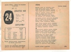 24 Ağustos 1960 Ajans Türk Takvim Yaprağı (Şiirli Saatli) EFM(N) 1702 - 2