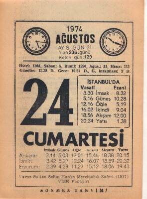 24 Ağustos 1974 Takvim Yaprağı EFM(N)2486 - 2
