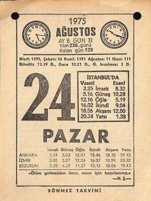24 Ağustos 1975 Takvim Yaprağı - Doğum Günü Hediyesi EFM(N)9660 - 1