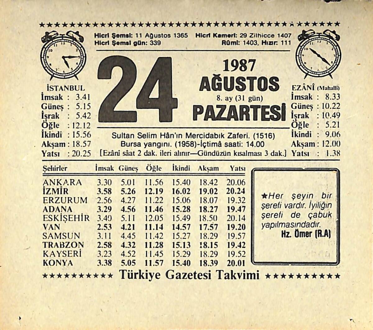 24 Ağustos 1987 Takvim Yaprağı - Doğum Günü Hediyesi EFMN13867 - 1