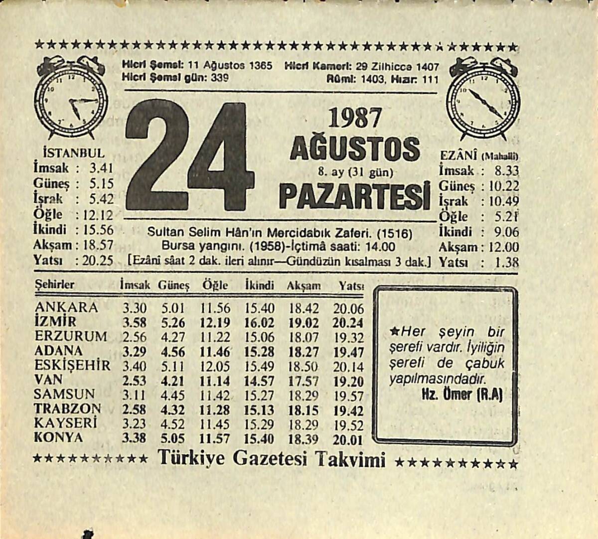 24 Ağustos 1987 Takvim Yaprağı - Doğum Günü Hediyesi EFMN13928 - 1