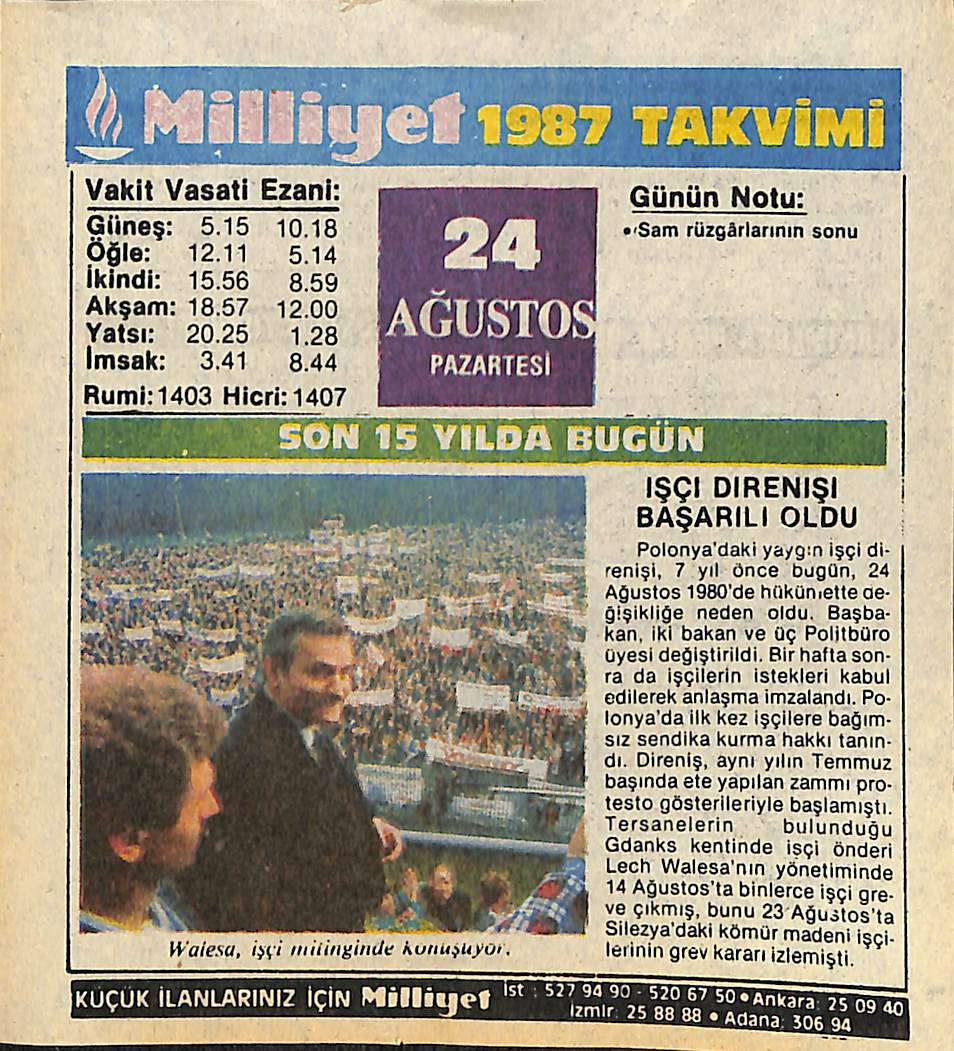 24 Ağustos 1987 Takvim Yaprağı - Doğum Günü Hediyesi EFMN14094 - 1