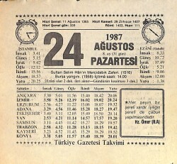 24 Ağustos 1987 Takvim Yaprağı - Doğum Günü Hediyesi EFMN15859 - Gökçekoleksiyon