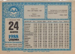 24 Ağustos 1988 Takvim Yaprağı EFM(N)2491 - 3