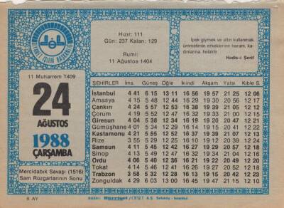 24 Ağustos 1988 Takvim Yaprağı EFM(N)2491 - 3