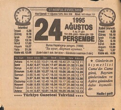 24 Ağustos 1995 Takvim Yaprağı - Doğum Günü Hediyesi EFMN15456 - Gökçekoleksiyon