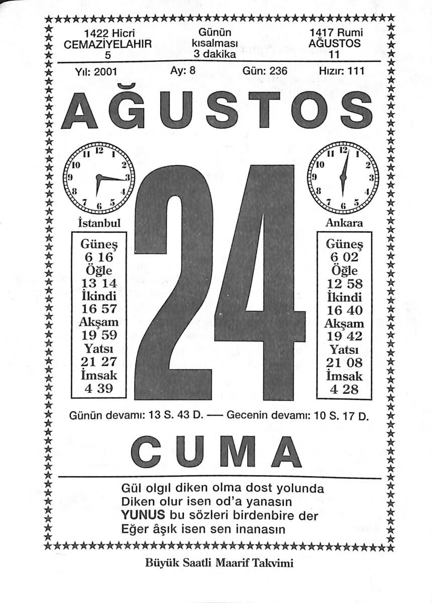 24 Ağustos 2001 Takvim Yaprağı - Doğum Günü Hediyesi EFMN14206 - 1