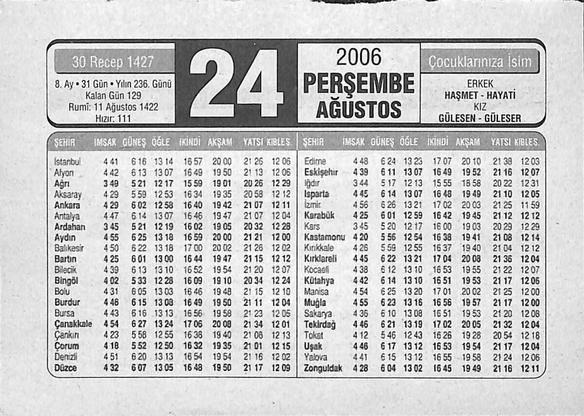 24 Ağustos 2006 Takvim Yaprağı - Doğum Günü Hediyesi EFMN14171 - 1