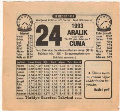 24 Aralık 1993 Takvim Yaprağı EFM(N)4245 - 3