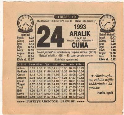 24 Aralık 1993 Takvim Yaprağı EFM(N)4245 - 1