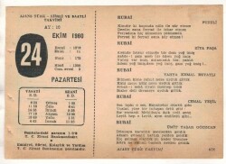 24 Ekim 1960 Ajans Türk Takvim Yaprağı (Şiirli Saatli) EFM(N) 1761 - 3