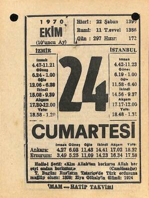 24 Ekim 1970 Takvim Yaprağı - Doğum Günü Hediyesi EFM(N)10554 - 3