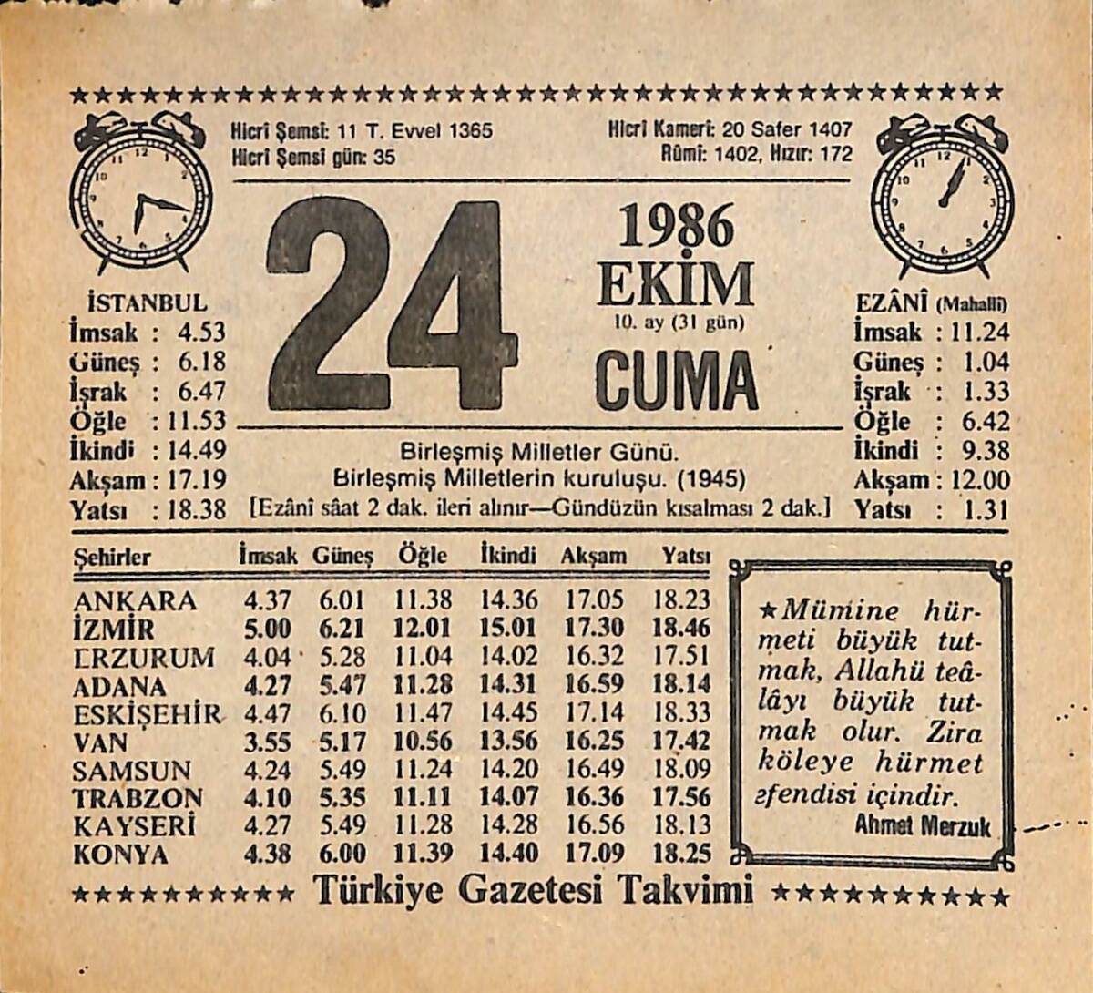 24 Ekim 1986 Takvim Yaprağı - Doğum Günü Hediyesi EFMN14907 - 1