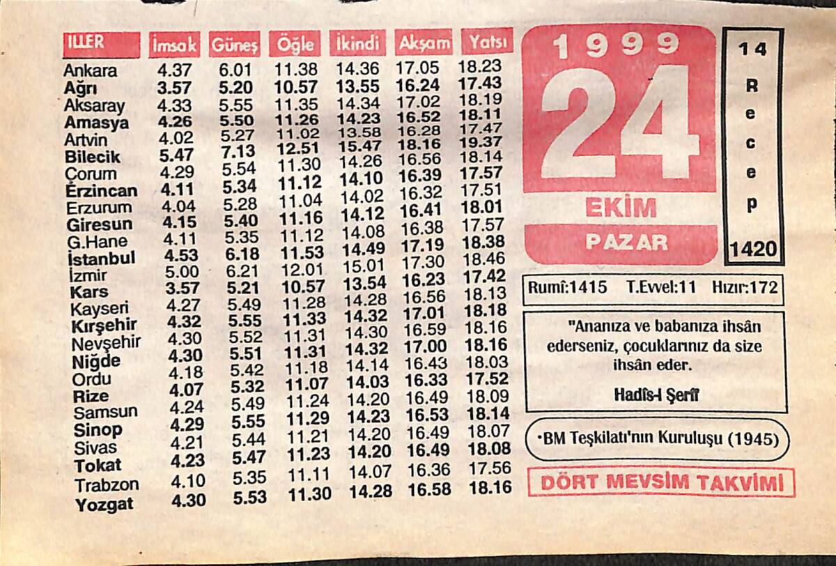 24 Ekim 1999 Takvim Yaprağı - Doğum Günü Hediyesi EFMN14063 - 1