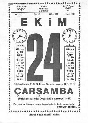 24 Ekim 2001 Takvim Yaprağı - Doğum Günü Hediyesi EFM(N)10491 - 3
